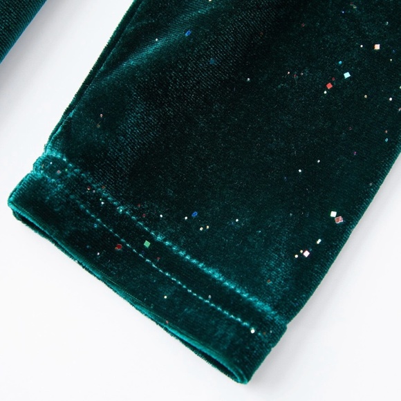Sparkly Deep Green Velvet Deep V High Slit Midi Dress Long Sleeve - Picture 12 of 14